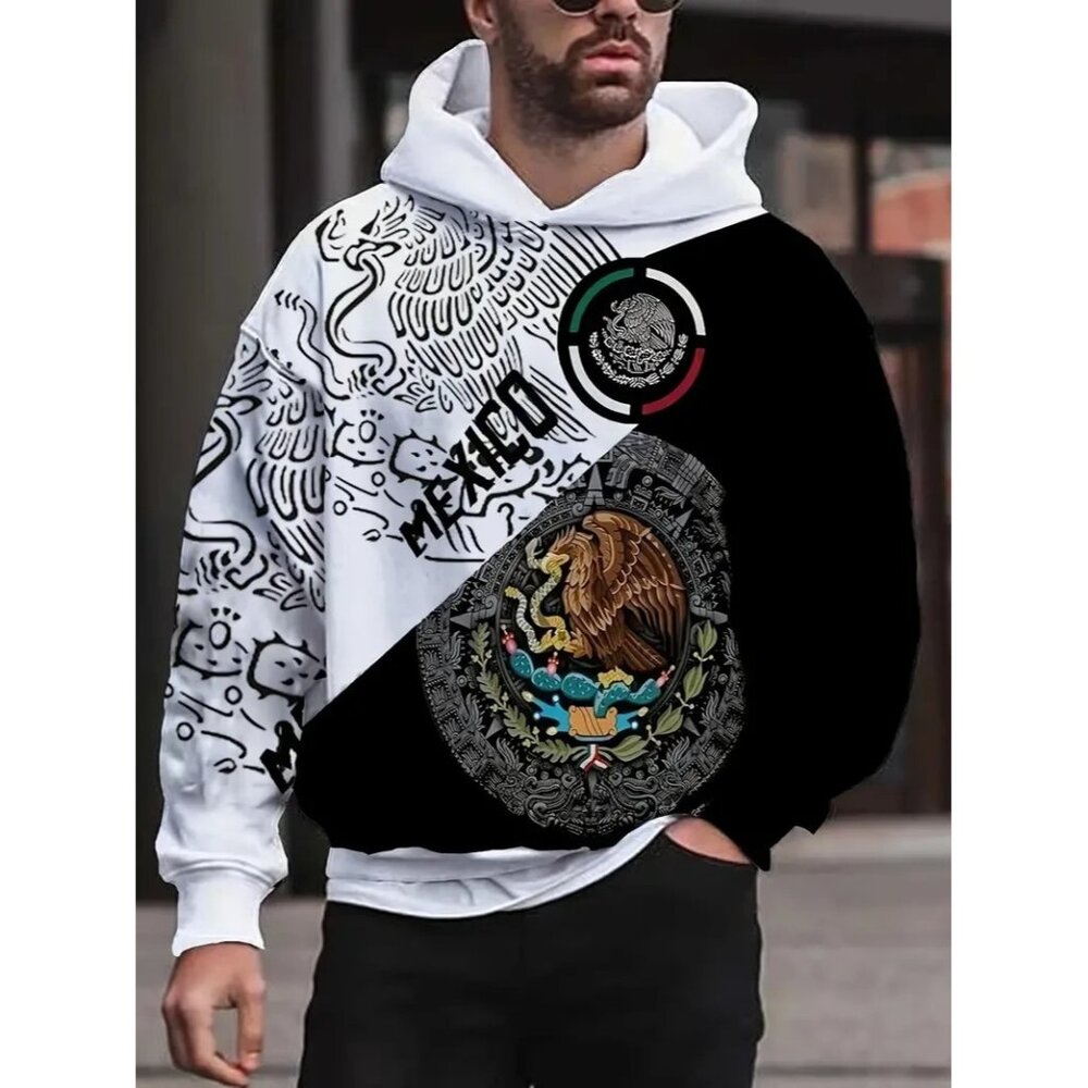 Mexico Men Hoodie Pullover Eagle Cactus Snake Black White Size Medium